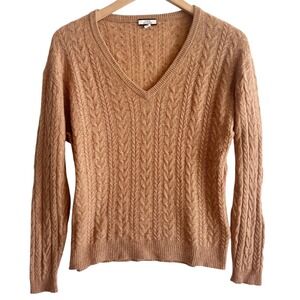 J.Crew Women's Small Cable Knit V-Neck 100% Cashmere‎ Sweater Tan Neutral Preppy